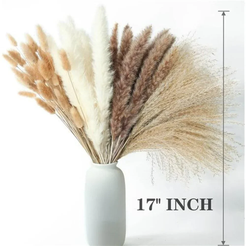 Dried Pampas Grass Decor, 100 PCS w/ Bunny Tails & Reed Grass, Boho Rustic Bouqt